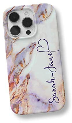iCaseDesigner Personalised Marble Glitter Flowing Name with Heart Phone Case Compatible with iPhone 14 Plus - 7. Purple Colourful Marble Vertical Name