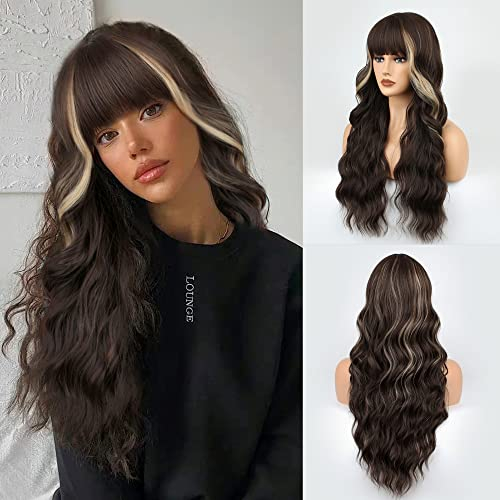 FAELBATY Lange braune Perücke mit Pony Damen Perücke mit langen Locken Perücke mit braunen Locken Kunstperücke Mädchen Alltagsparty Cosplay Perücke (25 H6A/18H)