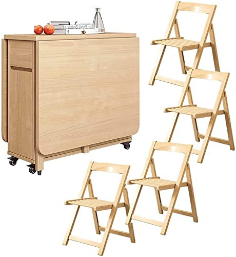 URBERY Esstisch-Set, Massivholz-Klapptisch, ausziehbarer beweglicher Klapptisch mit Rädern und 4 Stühlen, platzsparend, Design mit runden Kanten, für Küche und Esszimmer