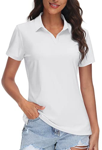TACVASEN Women's Short Sleeve Polo Shirts Moisture Wicking V Neck Golf Tops Sun Protection Tee Shirt Quick Dry Workout Top,White,M