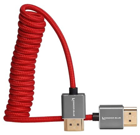 KONDOR BLUE 4K HDMI to HDMI Thin Short Coiled Braided Cable for On-Camera Monitors, Capture Cards + More | 4K/60hz | 18Gbps 3D HDR MetaData | 12 ~ 24 Inch | Red