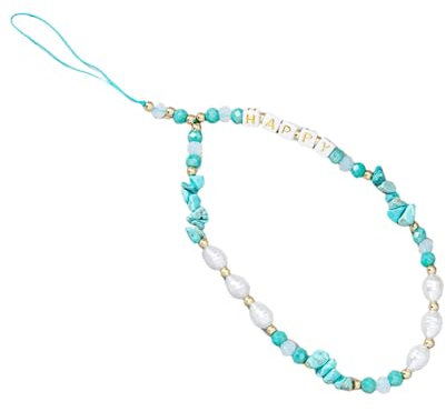 Handmade Bohemian Beaded Phone Charm Lanyard Wrist Strap Colorful Pearls Happy Letter Chain String Anti Lost Lanyard Hanging Cord for Women Girls Phone Charm Jewelry-Turquoise