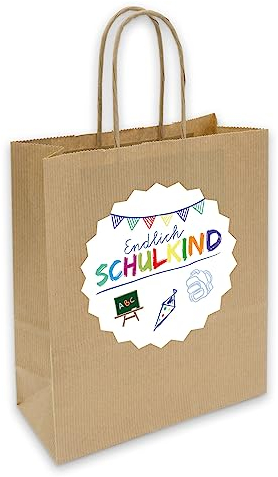 itenga Geschenkverpackung Einschulung Geschenktüte aus Papier inkl. Sticker Aufkleber Endlich Schulkind Tafel rund (weiß)