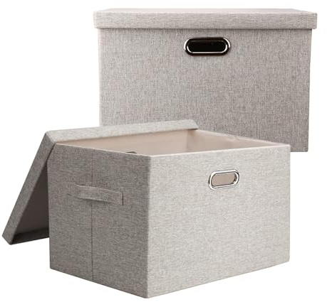 BinWhiz 2 Stück Aufbewahren Boxen mit Deckel Stoff, Stoffwürfel Organizer, Faltbare Aufbewahrungsbox mit Griffen, Waschbare Aufbewahrungsbox für Kleidung, Bücher, Kosmetik, Beige, 43 x 31 x 28 cm