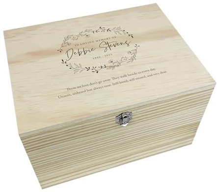 Personalised Wooden Memorial Wreath Keepsake Memory Box | Customizable Remembrance Bereavement Gift | Metal Hinges and Clasp | Custom Name, Date and Verse | W26cm x D19cm x H15.5cm