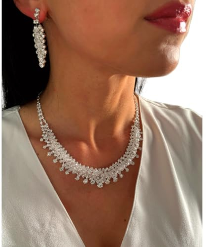 ONDEGO® Set SILBER Strass Diadem Krone Haarschmuck Schmuck Kette Schmuckset Armband Hochzeit Collier Halskette Brautschmuck Kommunion Ball Abiball (Schmuckset)