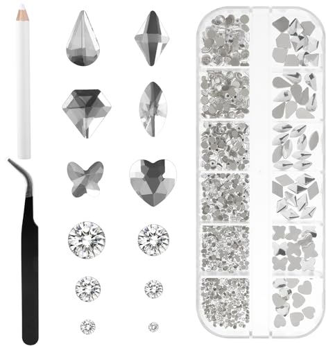 YUXIANLB Nailart Rhinestones, 810 Pcs Nail Crystals Nail Jewels, Flatback Gems Round Crystal Rhinestones Kit with Tweezers Drill Pen, 3D Decorative Clear Nail Gem Stones Charms for Decoration