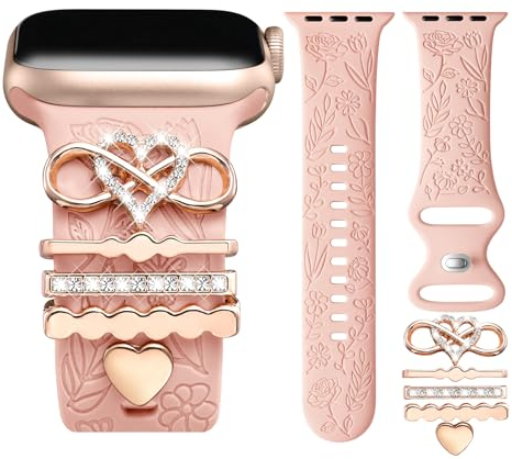 CeMiKa Blumengravierte Armbänder Kompatibel mit Apple Watch Armband 41mm 40mm 38mm für Damen, Silikonband & Dekorative Apple Watch Charms für iWatch Series 9 8 7 6 5 4 3 2 1 SE (inklusive Armband)