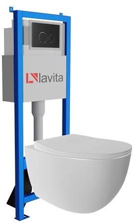 Lavita LAV 101 Vorwandelement für WC 40cm + Wand Hänge Tiefspül WC MONDO Weiß Spülrandlos + Bedienplatte LAV 200.4.4 Schwarz | Komplettset | Unterputz Spülkasten | Toilette Komplett Sett