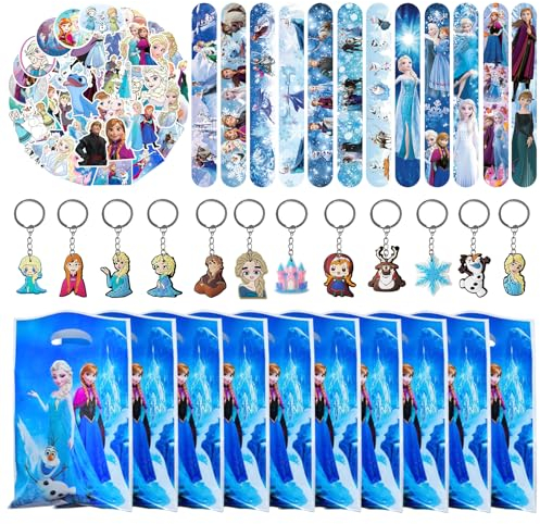 Sinaikepoo Eiskönigin Mitgebsel Geburtstag, 84 PCS Kindergeburtstag Geschenke Set, 12 Schlüsselschnalle 12 Slap Armbänder 10 Geschenktüten und 50 Aufkleber Geburtstag Deko für Kinder