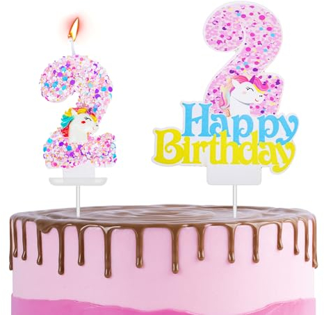 Unicorn 2nd Birthday Cake Topper with Number Candle 2 Unicorn Candles Cake Decorations for Girls,Happy 2nd Birthday Unicorn Theme Party Candles Cake Cupcake Topper for Boys Girls 2nd Birthday