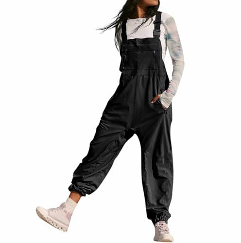 Latzhose Damen Arbeitshose Weites Bein Jumpsuit Verstellbar Riemen Hose Reißverschlusstasche Lose Passform Baggy Latzhose für Frauen Lang Spielanzug Hose Schwarz L