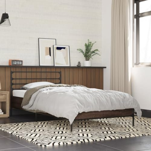 vidaXL Bettgestell, Einzelbett Bett mit Kopfteil, Bettrahmen mit Lattenrost, Schlafzimmerbett, Braun Eichen-Optik 90x200cm Holzwerkstoff Metall