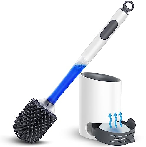 Toilet Bowl Brush Holder Set: Silicone Toilet Brush with Refillable Handle Dispenser - Bathroom Scrubber Rv Cleaner Toilet Brush with Caddy - Deep Cleaning Bathroom Scrub Brush
