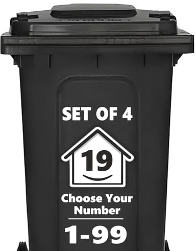 4 x Bin Numbers for Wheelie Bins, 1-99, 15cm ‘Happy House’ Design Dustbin Stickers, Easy Application Stick On Number Stickers - Weatherproof Self Adhesive Vinyl, Black (19)