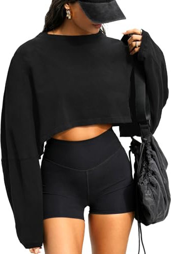 Navneet Sweat-shirt femme Crop Top Ventre Nu Pull Manches Longues Sport Oversize T-shirt Sexy Haut Automne Streetwear, Noir ventre nu, S