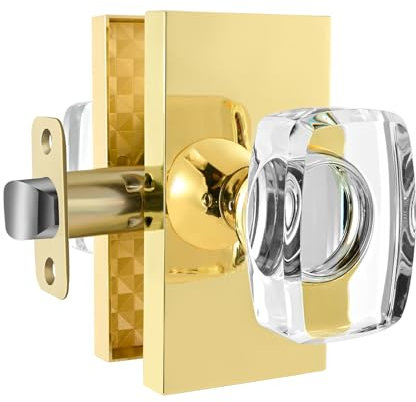 Dllween Glass Crystal Gold Dummy Door Knob Interior, Polished Brass Modern Dummy Door Knob Door Handles Rectangular for Bifold Closet Doors, 2 Pack