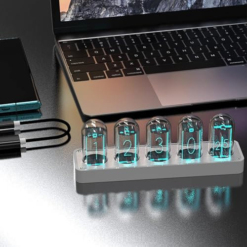Simulierte Nixie-Röhrenuhr, digitaler Röhrenwecker im Vintage-Stil mit Ausschaltspeicherfunktion, RGB-Vollfarbdisplay und 12/24-Stunden-Anzeige, EIN Retro-Geschenk zur Dekoration Ihres Schreibtischs