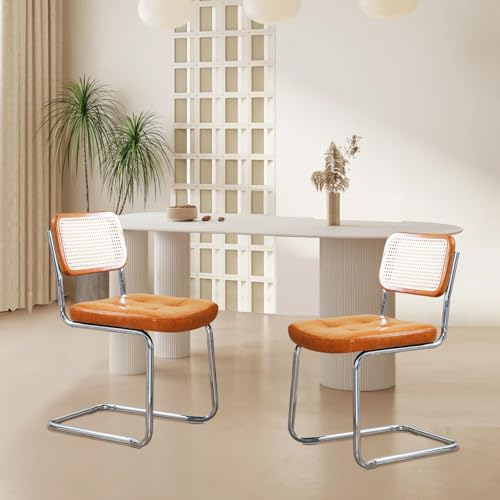 DOKKOME Rattan Esszimmerstühle 2er Set freischwinger Stühle Schwingstuhl Vintage Polsterstuhl Eiche Rückenlehnen aus Leinen mit Holzbeine Holz für Esszimmer/Wohnzimmer (Braun)