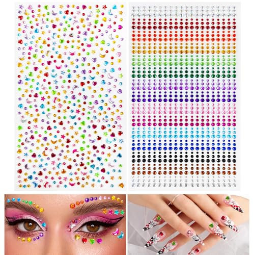Annickee 1423 Pcs Rhinestone Stickers, Face Gems, 2mm 3mm 4mm Self Adhesive Rhinestones Round Crystal Gems, 15 Color Round Diamond Sticker for Face DIY Craft, Hair Gems Face Nail Makeup