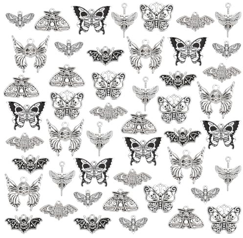 PH PandaHall 48 Stück Gothic Motten Charms Halloween Totenkopf Skelett Kopf Charms 8 Stil Antik Silber Totenkopf Schmetterling Fledermaus Charms Für Schmuckherstellung