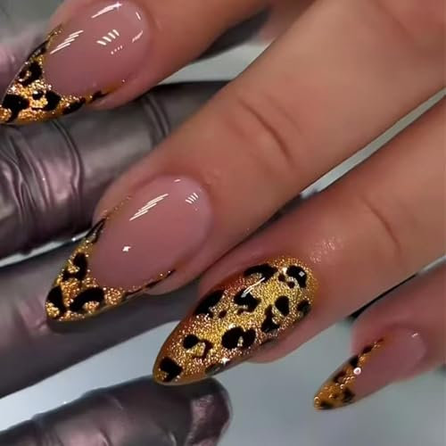 Yamobi Leopard French Nails Lot de 24 faux ongles à presser amande moyenne avec motif léopard doré, avec colle gelée, réutilisables