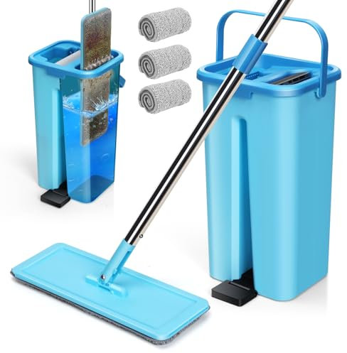 Myiosus Wischmopp Set mit Eimer, Bodenwischer, 2 in 1 Putzeimer mit Wischmop, Flachmopp mit 132cm Edelstahlstil, 360° Drehbarer Wischmopp mit Auswringfunktion für Alle Bodentypen-3X Mikrofaser Pads