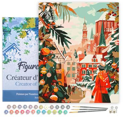 Figured'Art Peinture par Numéro Adulte avec Cadre Scène de Marché de Noël - Activité Manuelle Kit de Loisir Créatif DIY Numéro d'Art Complet - 40x50cm toile tendue sur châssis
