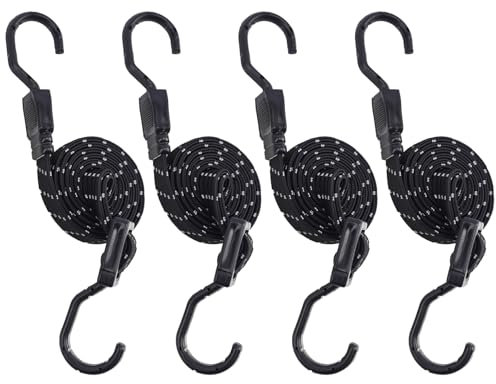 KINDPMA Cuerdas Elásticas con Ganchos 4 Piezas, 120cm de Largo, Correas Elásticas de Goma Ajustables Negras con Ganchos para Equipaje, Portaequipajes, Lonas, Carga Móvil, Campamentos, Lonas