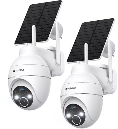 YESKANO 2K Camera Surveillance WiFi Exterieure sans Fil, Panneau Solaire 360° PTZ Caméra Exterieur sans Fil Solaire Batterie 2,4 GHz, Vision Nocturne Couleur, Détection PIR, Audio Bidirectionnel -2Pcs