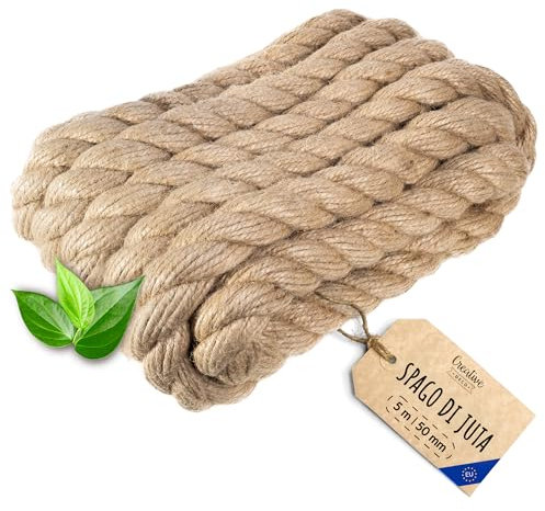 Creative Deco Corda di Iuta 5m (Personalizzazione Possibile ogni 5 m) | Spessore 50mm | Spago Durevole | Corda Juta Intrecciata Marrone Naturale | Spago Fai da Te, Giardinaggio, Tiragraffi per Gatti