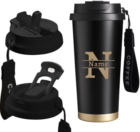 Personalised Coffee Cup Customised Travel Mug with Name Double Walled Stainless Steel Insulated Coffee Mug with Lid & Straw Thermal Mugs for Hot & Cold Drinks (Black)