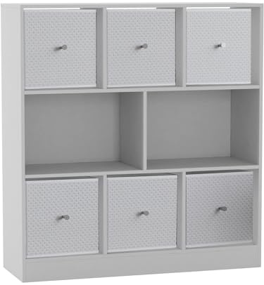 URBNLIVING 8 Cube Asymmetrical Bookcase with 6 Fabric Storage Drawers, Modern Freestanding Shelving Unit for Books, Toys & Decor, Engineered Wood Organizer Cabinet for Home & Office