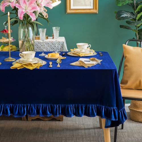 GLORY SEASON Velvet Tablecloth Luxurious Solid Rectangle Table Cloth,Oblong Retro Farmhouse Ruffle Tablecloths Washable Table Cover for Party Wedding Baby Shower Kitchen Dinning Tabletop Decoration