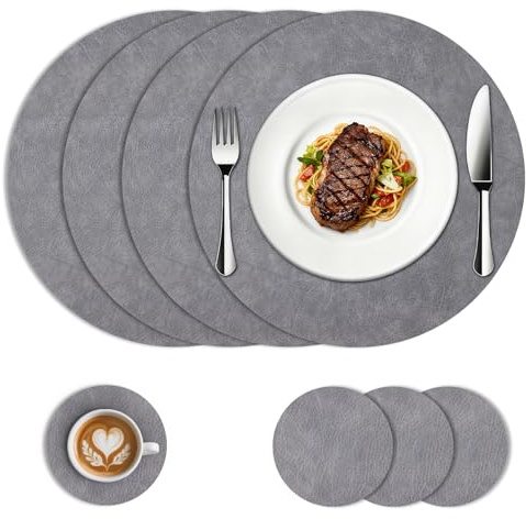 Kryndle Placemats and Coasters Sets 4, Round Waterproof Table Mats, Grey | 33*33cm PU Leather Heat-Resistant Washable Place Mats, Perfect for Indoor & Outdoor Use and Christmas Dining