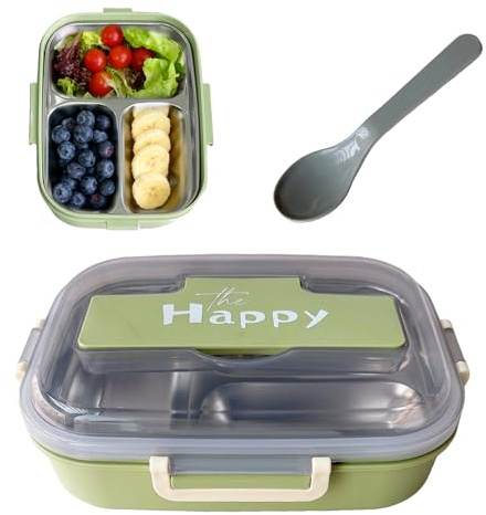 KOSLEOW Fiambrera con 3 Compartimentos, Lunch Box Acero Inoxidable Interno, Externo sin BPA, Incluye Cuchara, Tapa Transparente, loncheras para Colegio y Viajes