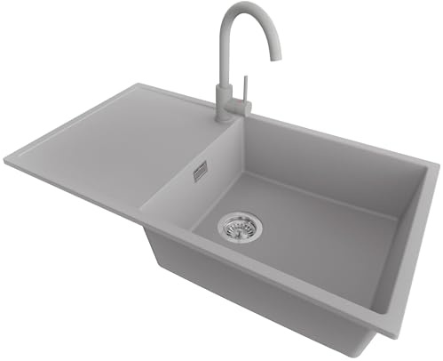 PRIMAGRAN Granitspüle ab 60er Unterschrank + Küchenarmatur, 90x50cm | Set: Küchenarmatur BW5010 + Ablauf-Set (Siphon, Ablaufgarnitur, Überlauf) + Spülbecken 1 Becken - Ibiza , Grau