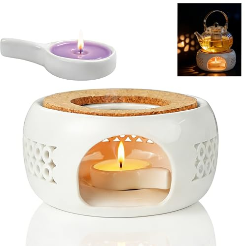 AEMCHDM Scalda Teiera in Ceramica Bianca - Fornello per Teiera con Portacandela, Design Intagliato Traforato Antiscivolo, Mantenere Caldo Tè Caffè Latte per Casa Ufficio Tea Party
