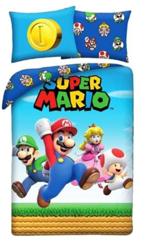 Super Mario Kinderbettwäsche 140x200 + Kissenbezug Mario Luigi Peach Toad | Wendebettwäsche | Mikrofaser ultra weich schnelltrocknend Oeko-Tex | Sprung Mushroom-Kingdom-Stil | Nintendo | Geburtstag