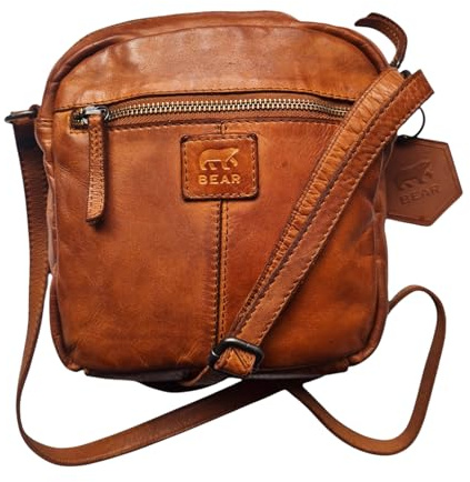 Bear Design Unisex Leder Tasche Umhängetasche Crossbody Vinatge Leder Used Look, Damen Schultertasche klein