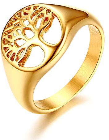 JewelryWe Lebensbaum Ringe Damen Edelstahl: Damen-Ring Edelstahl Baum des Lebens Hollow Ring Frauen Siegelring Fingerring Band mit Gravur Gold Größe 49