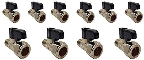 Aumix 15mm x 12mm Isolating Valve with Handle UK Compression Fittings Adaptor EN1254-2 for Kitchen Bathroom Mixer Taps with 3/8 Tails - 10 Pieces