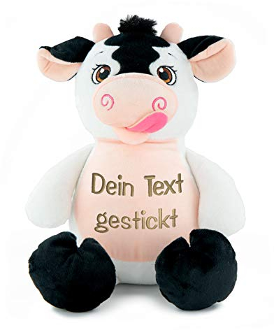 Direkt-Stick.de Plüsch Kuh Kuscheltier mit Namen und Geburtsdatum Bestickt, Plüschtier personalisiert, Geschenk personalisierbar mit Stickerei, Geschenkidee, Farm, Bauernhof