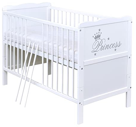 Baby Delux Babybett 60x120 Gitterbett umbaubar Juniorbett Princess Weiß mit Matratze inkl. Beißschienen