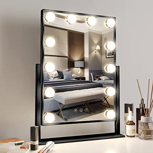 Meidom Schminkspiegel mit Beleuchtung, 12 Dimmbare LED 360° Drehbar 3 Farbe Licht Umwandlung, Smart-Touch-Control-Bildschirm Hollywood Spiegel mit Beleuchtung, Schwarz 36x 47cm