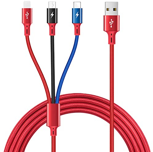 ASICEN Multi USB Charging Cable3A, [1.5M] Cable de carga trenzado de nailon 3 en 1 para iP/Type C/Micro USB Puertos con iP 15/14/13/12/11/Android Galaxy S23/S22/S21/Huawei/LG/HTC/Tablets (Rojo)