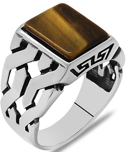 Herren-Ring aus massivem 925er-Sterlingsilber, rechteckig, flach, Tigerauge, 6 Stück, Metall, Tiger