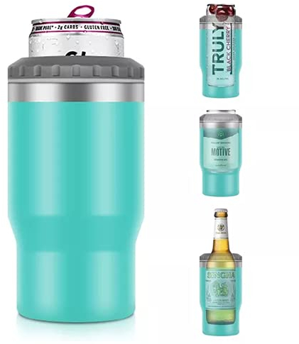 Gteller Aislador de lata/botella de acero inoxidable 4 en 1, tapas bidireccionales de 14 onzas con aislamiento SUS, soporte para botella de cerveza (azul claro)