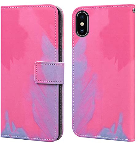 Flip phone case for Iphone X Iphone XS PU Leather Wallet Card Slots Flip Case Watercolor Gradient Ramp Graffiti Art Printing with Stand Function Magnetic Protective Cover Pink Purple