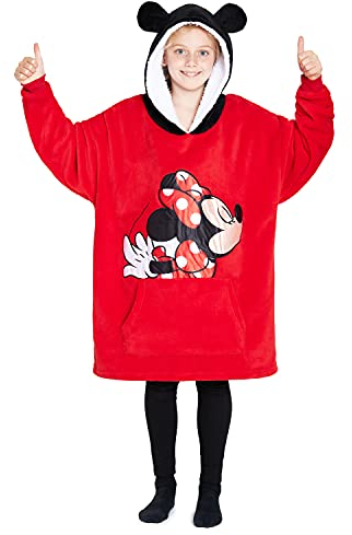 Disney Stitch Kapuzenpullover Mädchen, Übergroße Hoodie Decke Kinder mit Sherpa-Kapuze und Kängurutasche One Size (Rot Minnie)
